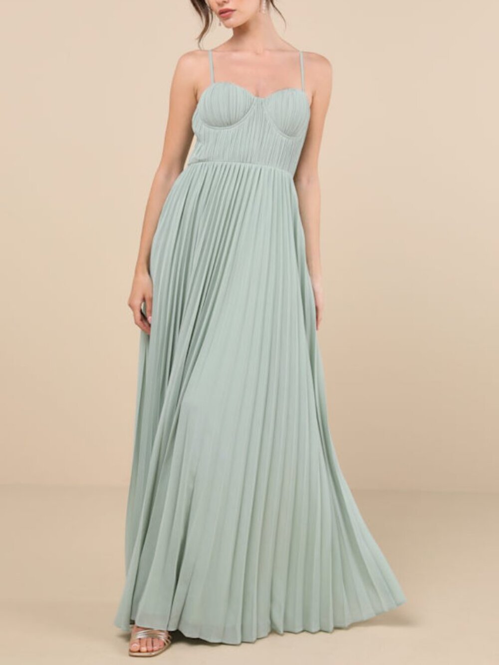 Lulus Admirable Elegance Sage Green Pleated Bustier Maxi Dress - Size S